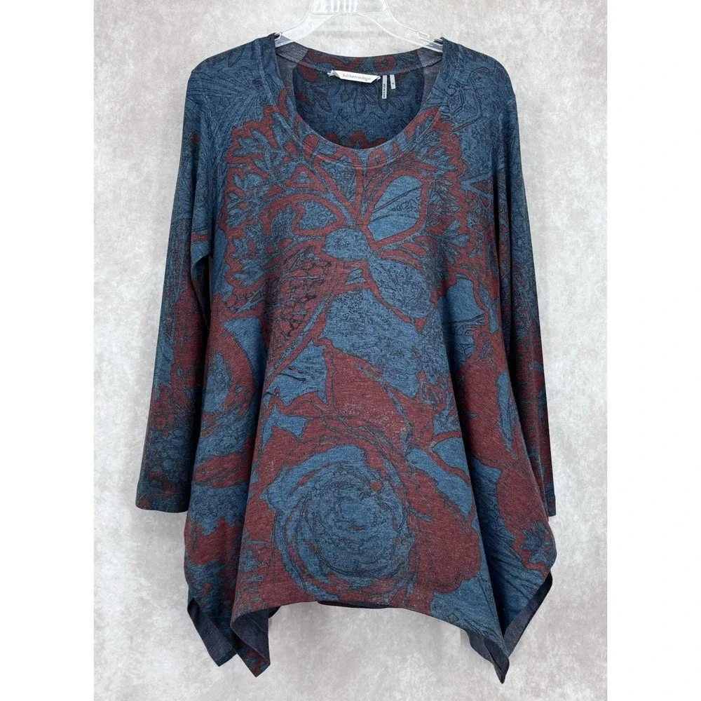 Soft Surroundings Tunic XL Blue Burgundy Floral‎ Handkerchief Hem Stretch Top